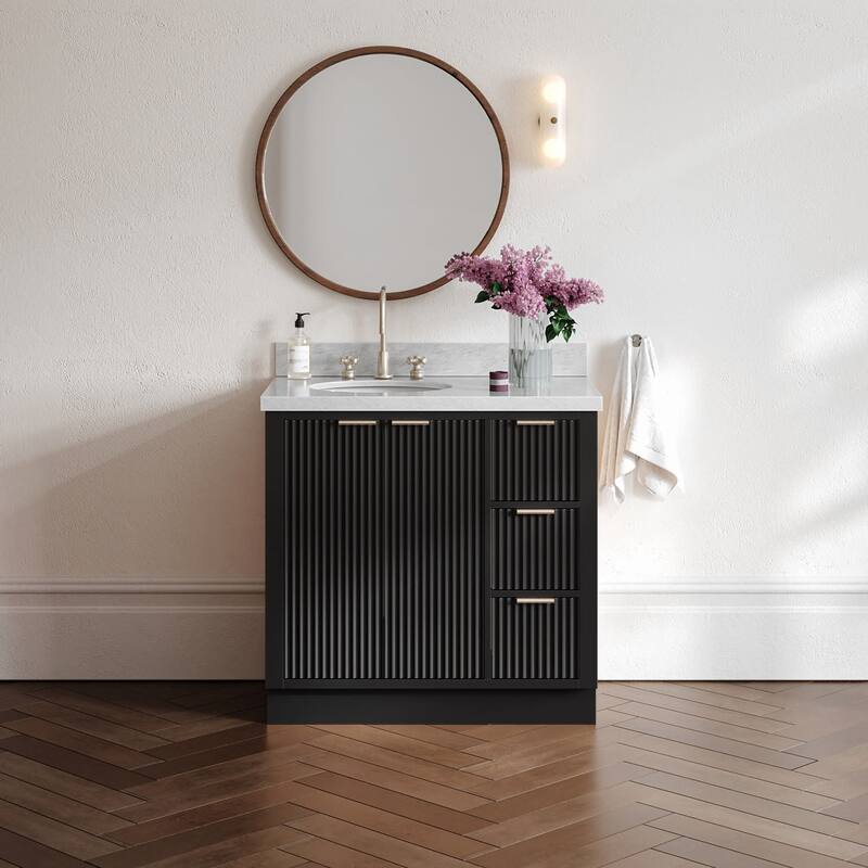 Ariel P37LCWOVO Milan 37" Free Standing Single Basin Vanity Set with - Black / Italian Carrara Marble Top / Brushed