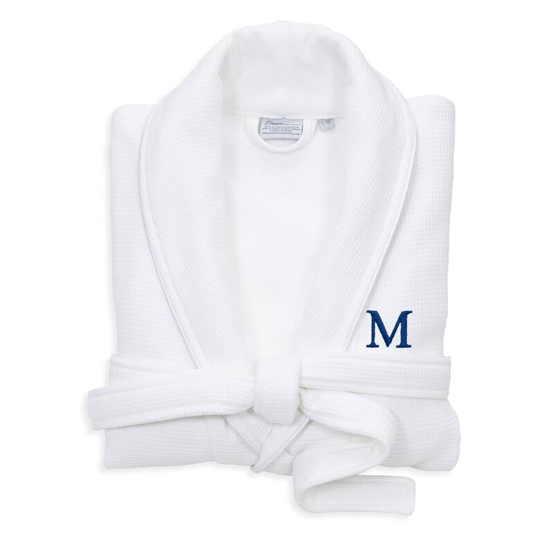 Authentic Hotel and Spa White Unisex Turkish Cotton Waffle Weave Terry Bath Robe with Navy Block Monogram - S/M - M