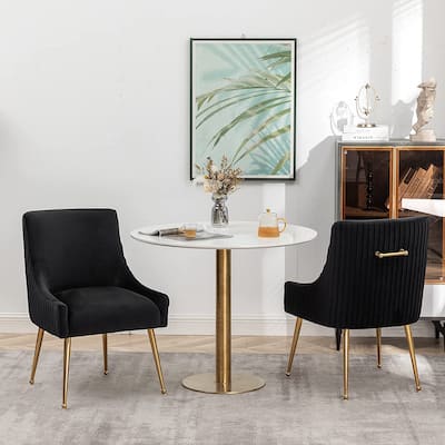 Modern Glam Boucle Pleated Velvet Dining Chair or Vanity Chair Set of 2 with Rear Handle
