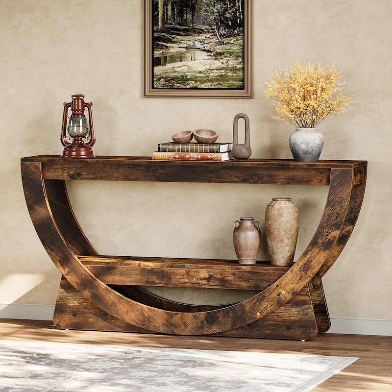 63-Inch Arched Console Table for Entryway, 2-Tier Narrow Long Sofa Table - 63" L x 11.81" W x 31.69" H - Dark Brown