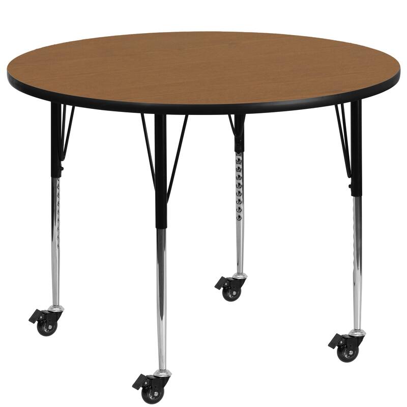 Mobile 42'' Round Thermal Laminate Activity Table - Adjustable Legs - Oak