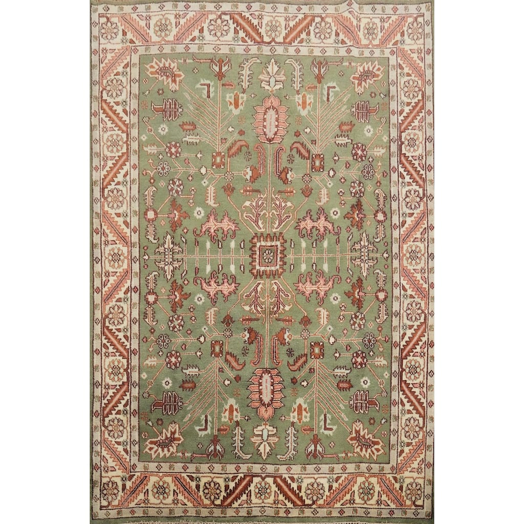 Hand Knotted Oriental 100% Wool Carpet Transitional All-Over Green Oushak Area Rug - 9' 9'' X 7' 9''