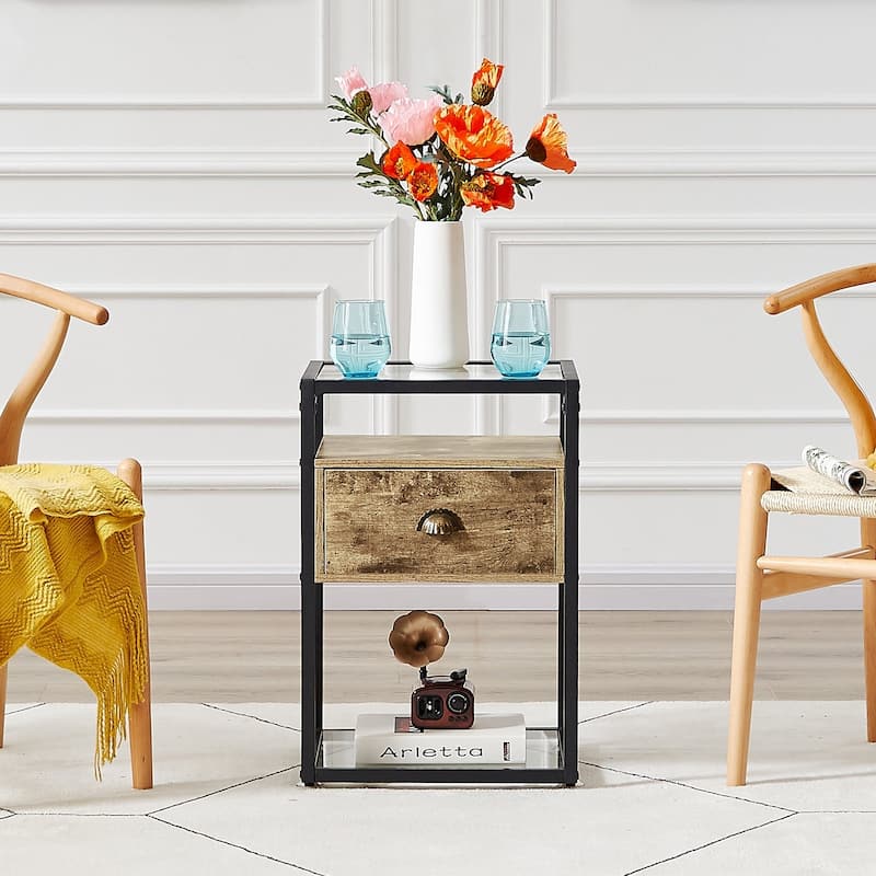 Javlergo Tempered Glass Nightstand with 1-Drawer and Storage Shelf