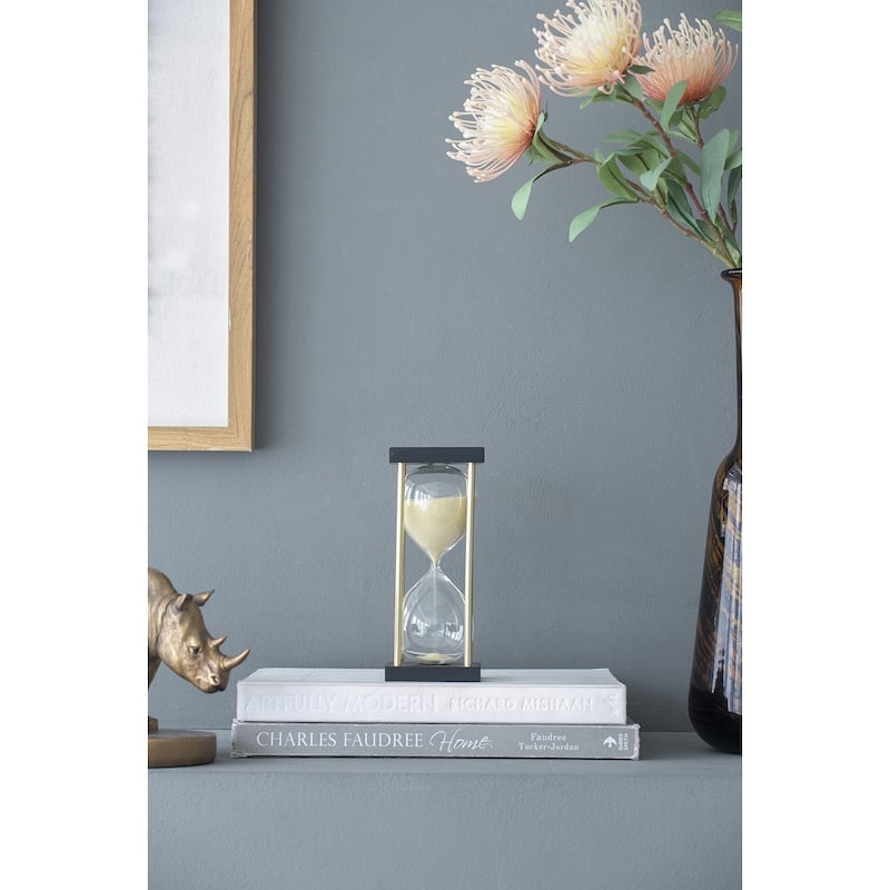 3x3x7" Spellman 15-minute Hourglass, framed with an Metal stand, Tan