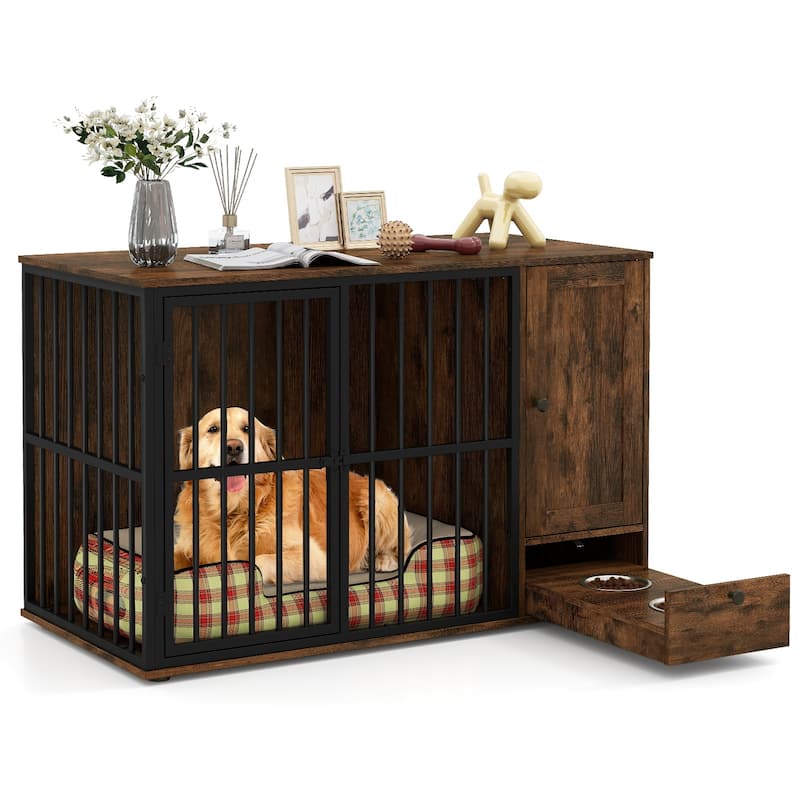 Gymax 47 5''Dog Crate End Table w/ Hidden Bowls & Storage - Coffee