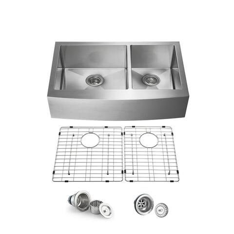 Handcrafted Farmhouse Apron Double Bowl Real 16 gauge Stainless Steel Kitchen Sink with Strainer and Grid