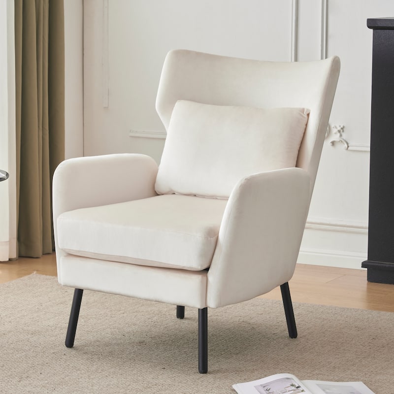 Modern 32" Upholstered Wing Back Velvet Accent Chair with Metal Legs and Pillow