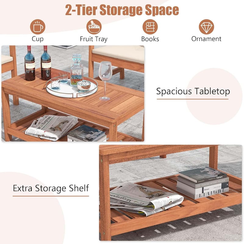 Patio Coffee Table 2-Tier Wooden Coffee Table w/ Storage Shelf