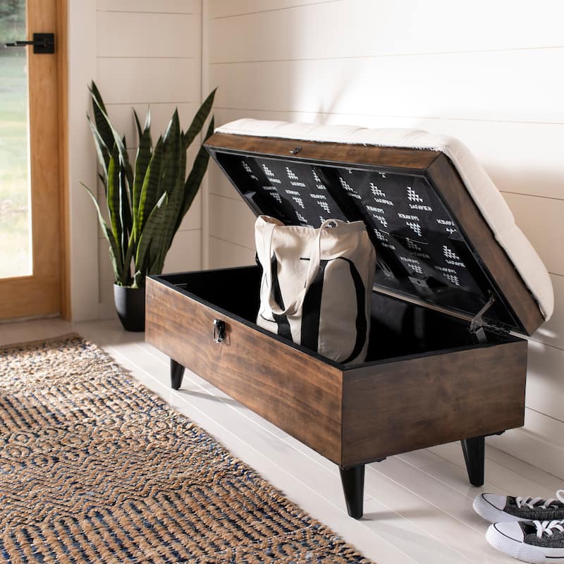 SAFAVIEH Odalis Tufted Cocktail Ottoman - Light Beige/Dark Oak