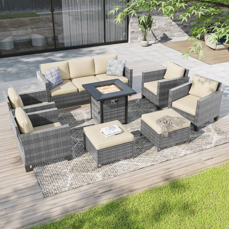 Livoosun 8 Pieces Patio Sofa with 28'' Fire Table Set, PE Wicker, Wide Armrests High Back Sofa Chair Design for Lawn, Patio - Gray Wicker/Beige Cushion