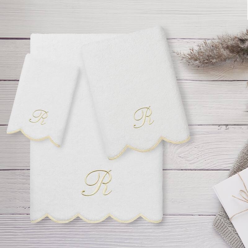 Authentic Hotel and Spa 100% Turkish Cotton Beige ADORNIA Scallop Personalized 3 Piece Towel Set - 3 Piece Set
