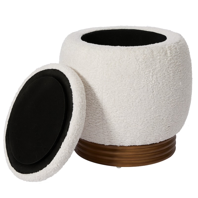 Round Storage Pouf Ottoman Footstool with Flip-top and Acacia Frame