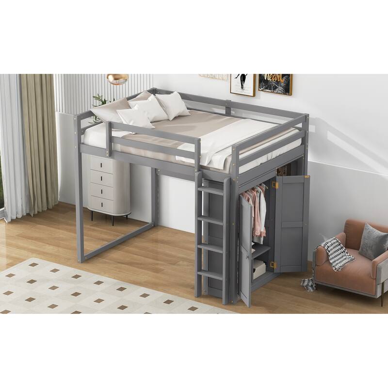Full Size Loft Bed with Built-in Wardrobe, Storage Shelves & LED Lighting, Space-Saving Gray Wood Design