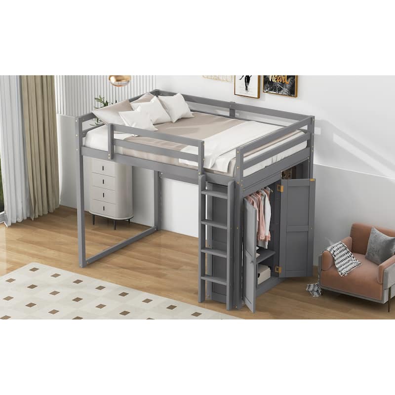 Wood Full Size Loft Bed with Built-in Wardrobe and Storage Shelves, Led light, Gray