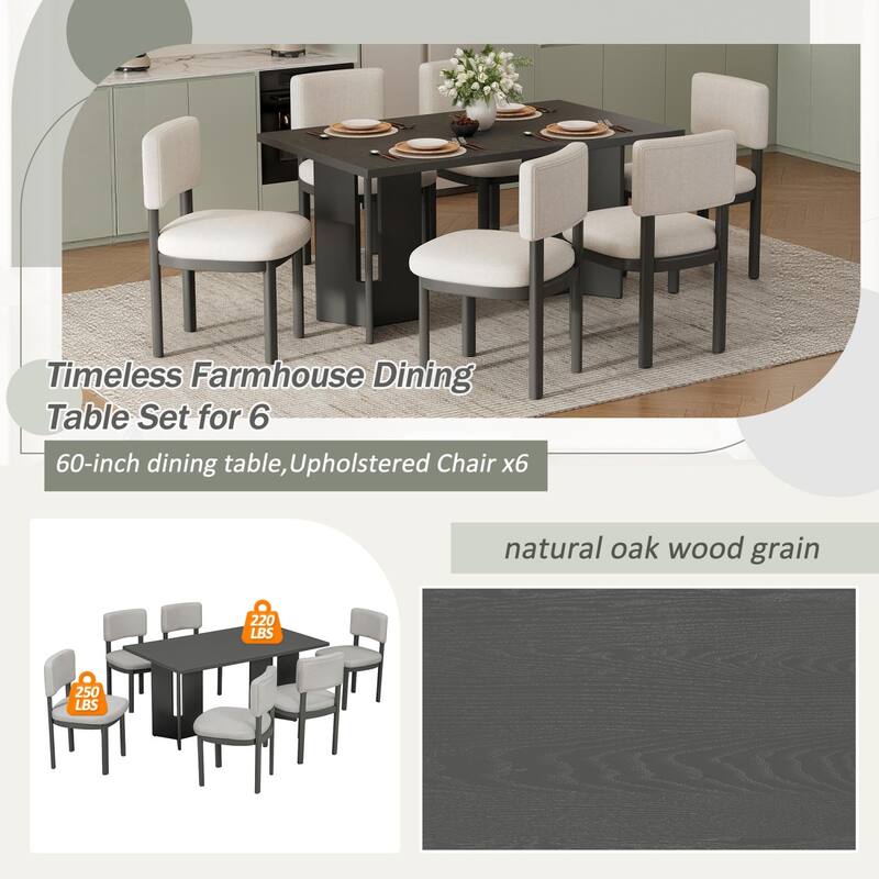 7-Piece Dining Set, 60" Rectangular Table with 6 Upholstered Chairs
