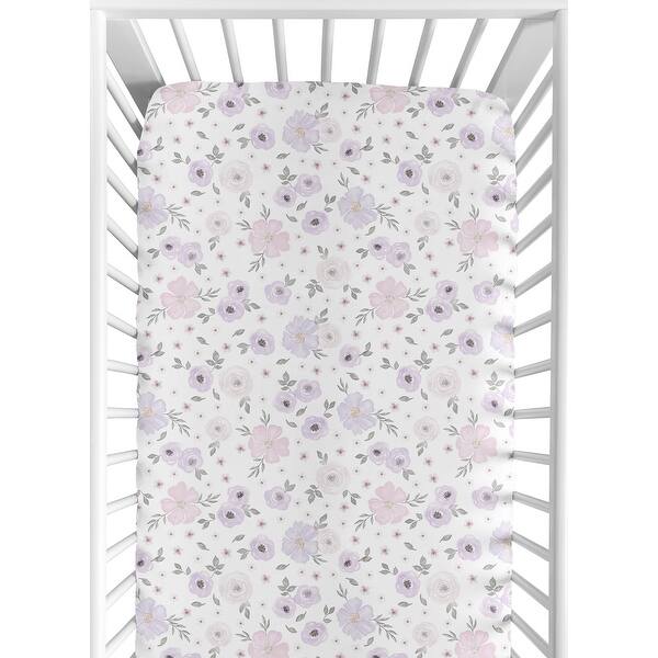 slide 2 of 6, Floral Collection Girl Jersey Knit Fitted Crib Sheet - Lavender Purple, Pink and Grey Boho Shabby Chic Rose Watercolor Flower