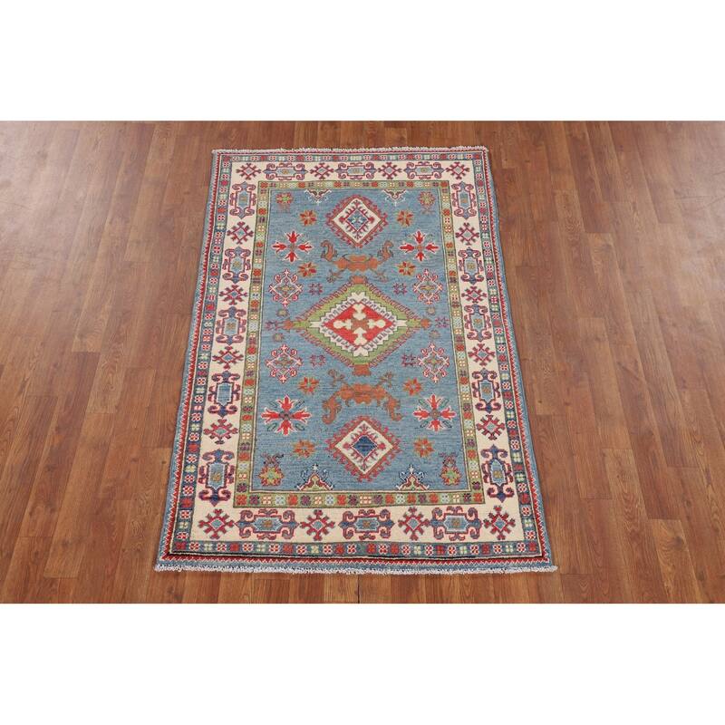 Light Blue Geometric Kazak Rug Hand-Knotted Wool Carpet - 3'3" x 4'11"