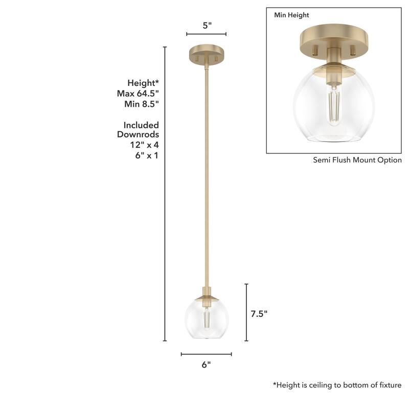 Hunter Xidane 1 Light Clear Glass Pendant or Semi-Flush Light - Kitchen Island, Dining Room, Entry - Glam, Contemporary