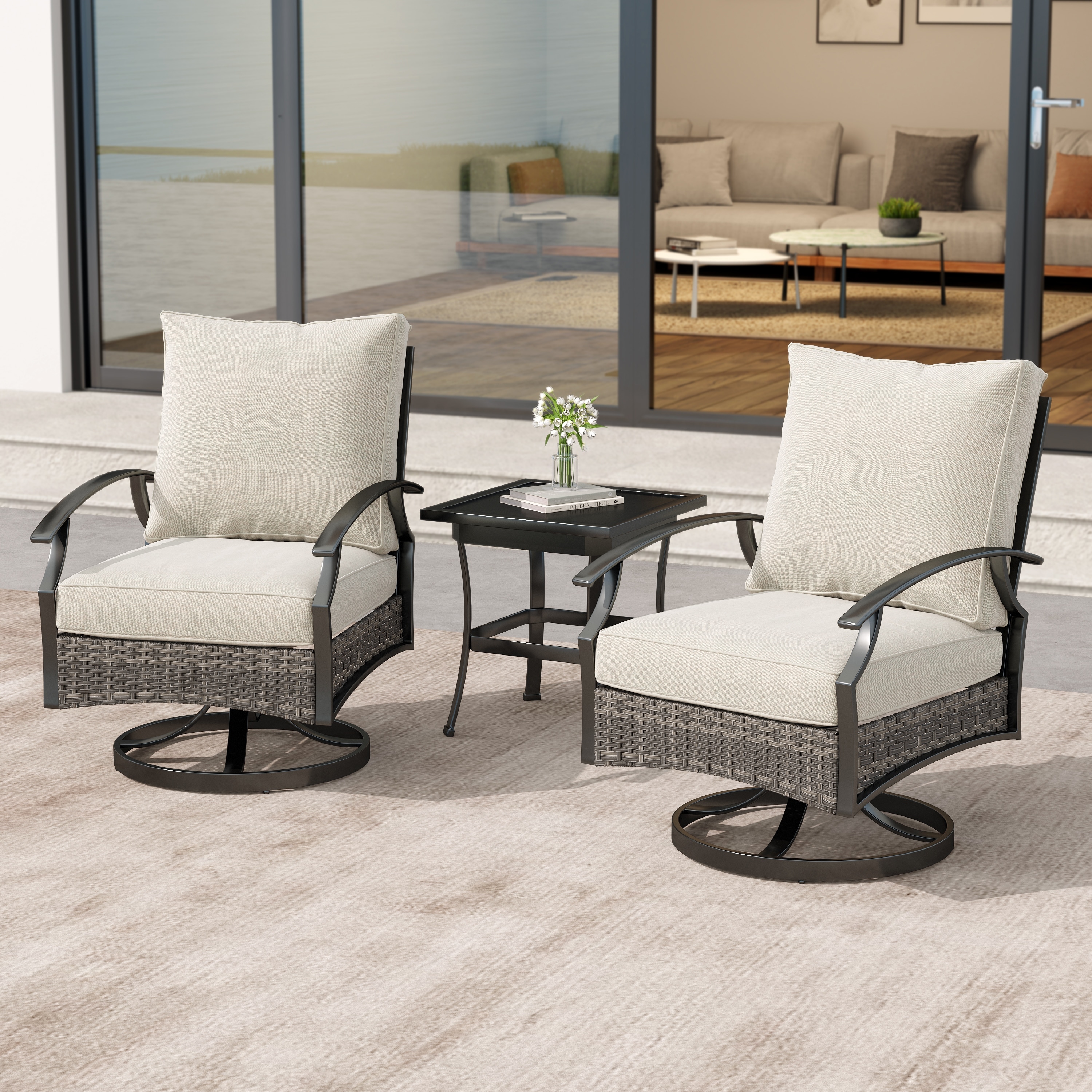 3 Piece Patio 25" W Swivel Chair Seating Group with Cushions