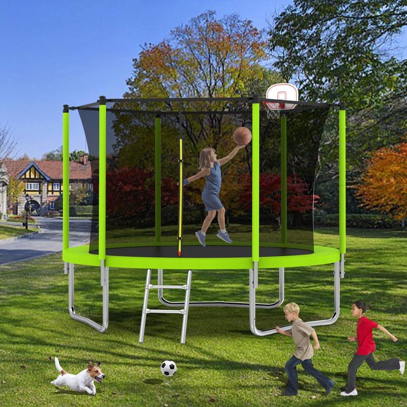 Outdoor Kids Trampoline with Basketball Hoop and Ladder, with Safety Enclosure for Backyard Fun