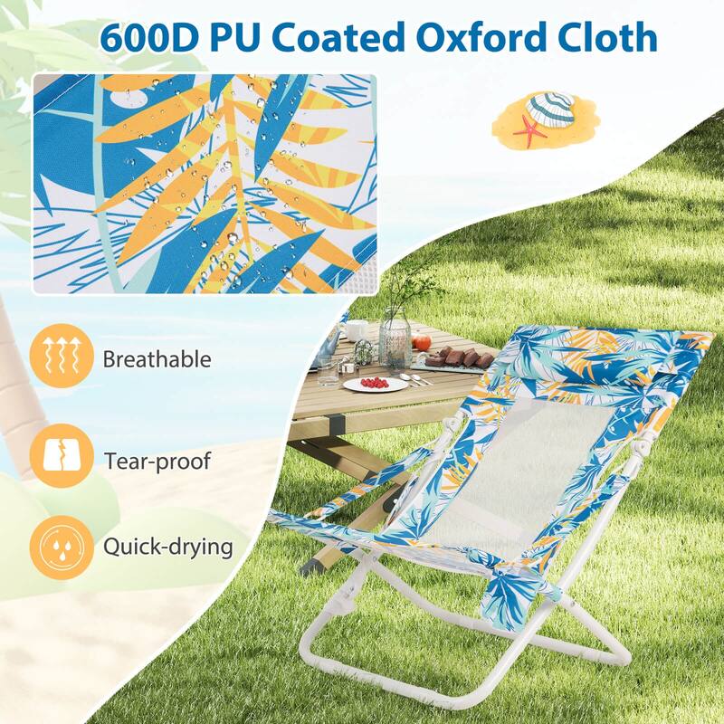 Costway Folding Low Beach Chair, Set of 2 with Padded Head Pillow,