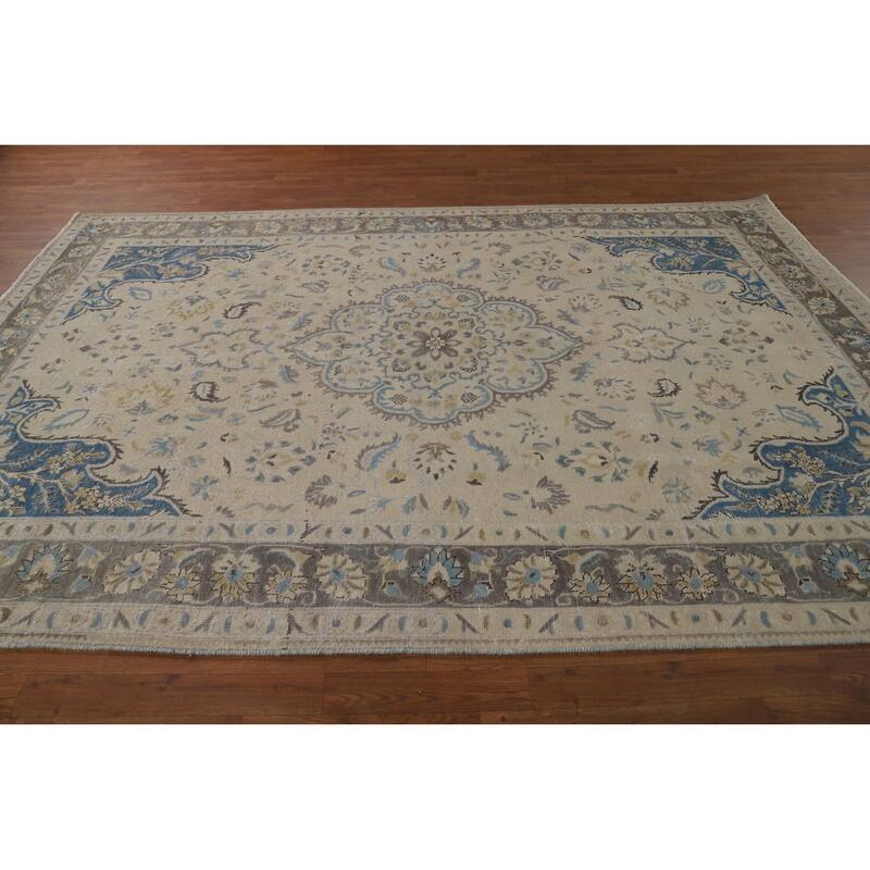 Traditional Floral Tabriz Persian Area Rug Handmade Beige Wool Carpet - 7'0"x 10'4"