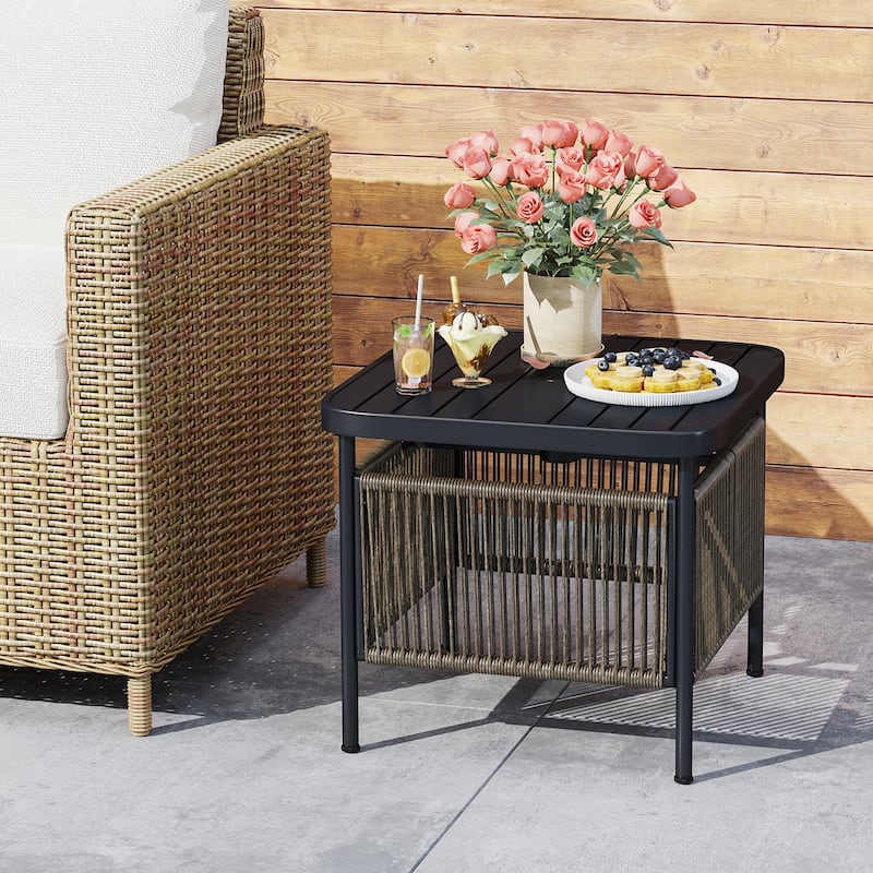 Outdoor Rustic Wood Patio Side Table with 2-Tier Storage and Umbrella Hole Metal Frame - 20.5" x 18" x 18"