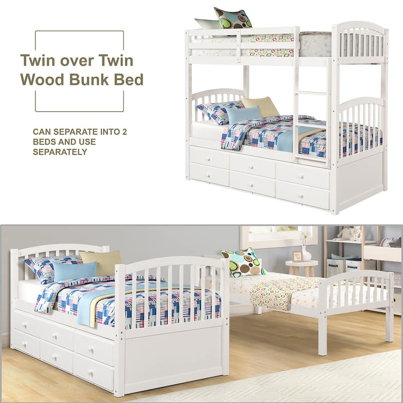 Twin Over Twin Bunk Bed with Trundle and 3 Drawers, Wooden Bunk Bed with Ladder and Safety Rails, Space Saving