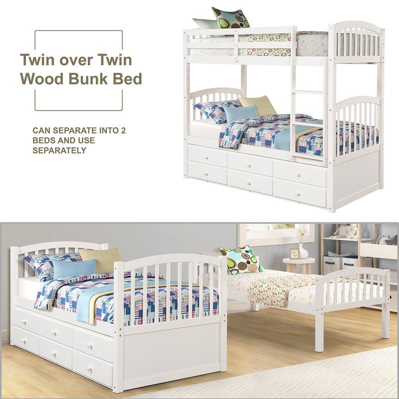 Twin Over Twin Bunk Bed with Trundle and Drawers, White, for Teens and Guest Rooms