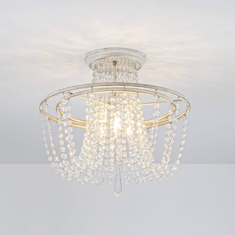 3-Light 17.32" Vintage Antique White Circle Round Crystal Semi-Flush Mount Light - 17.32 in. W x 16.14 in. H