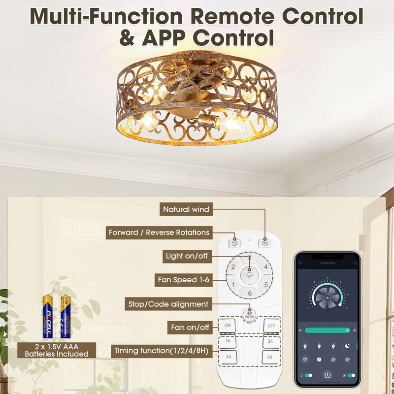 18-inch Rustic Gold Metal Caged Flush Low Profile Celing Fan with Remote and APP Control