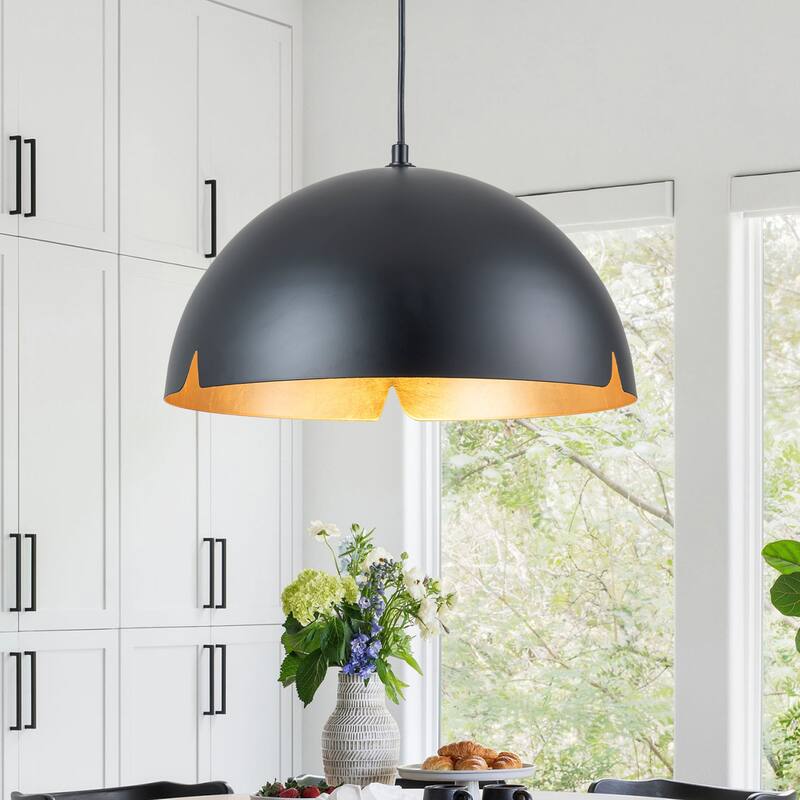 Modern 15" Iron Dome Pendant Light with Gold Foil Interior - Dia.15-in - Black