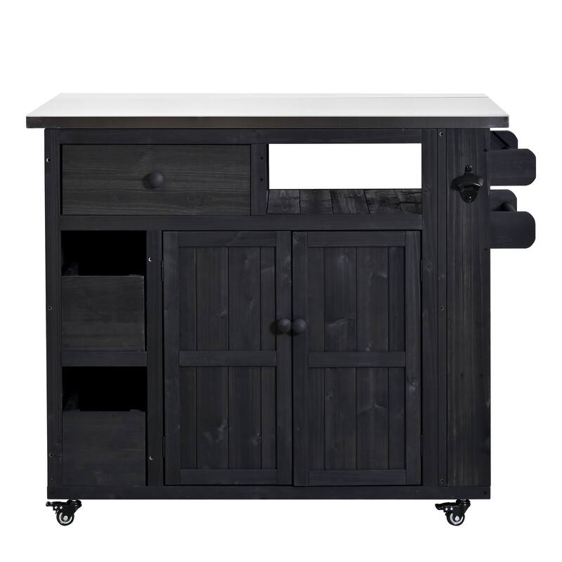 Extendable 41.9" Outdoor Kitchen Island with Stainless Steel Top and Side Spice Rack, Kitchen Cart with Drawers, Storage Cabinet