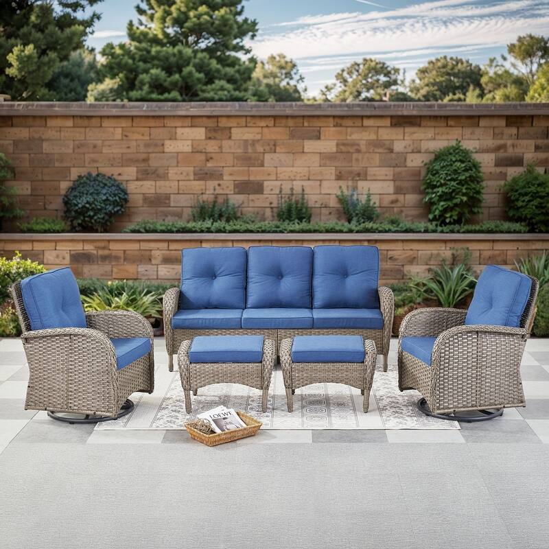 Gymojoy 5-Piece Outdoor Wicker Patio Furniture with 3 Seat Sofa & Swivel Chair, Coversation Set with Water Resistant Cushions - Grey Wicker / Blue Cusion - 5-Piece