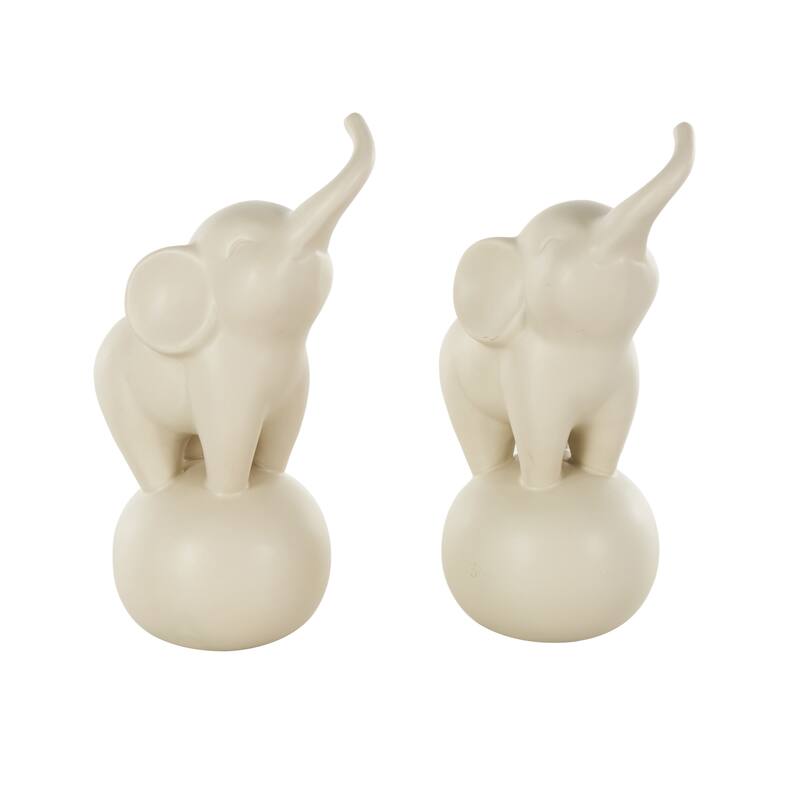 White Ceramic Trumpeting Elephant Decorative Sculpture with Round Base (Set of 2)