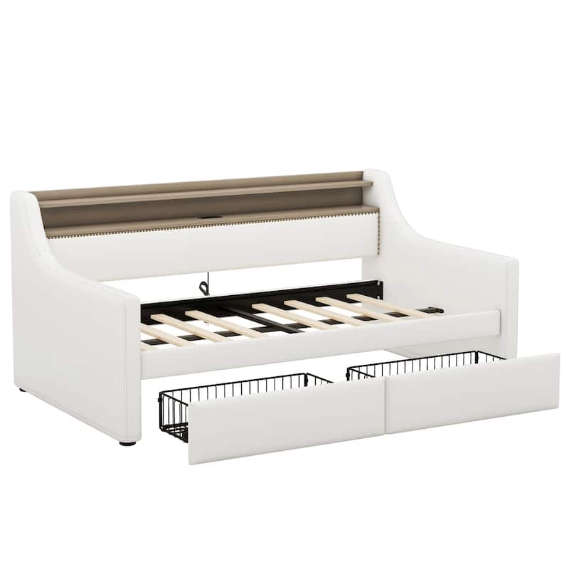 Twin Size Daybed with Drawers, Upholstered Daybed with Charging Station and LED Light