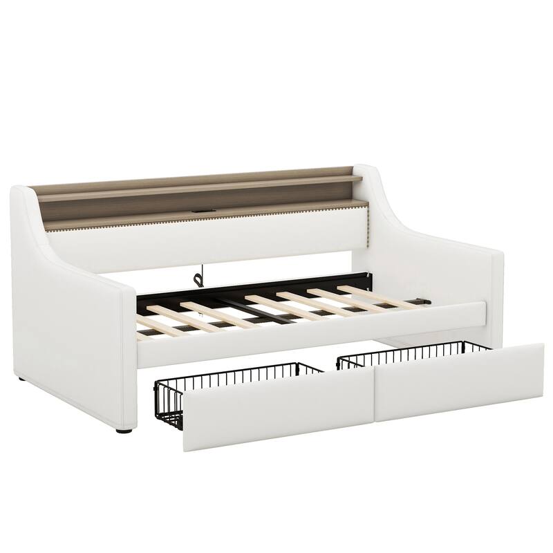 Twin Size Daybed with Storage Drawers, Upholstered Daybed with Charging Station and LED Lights