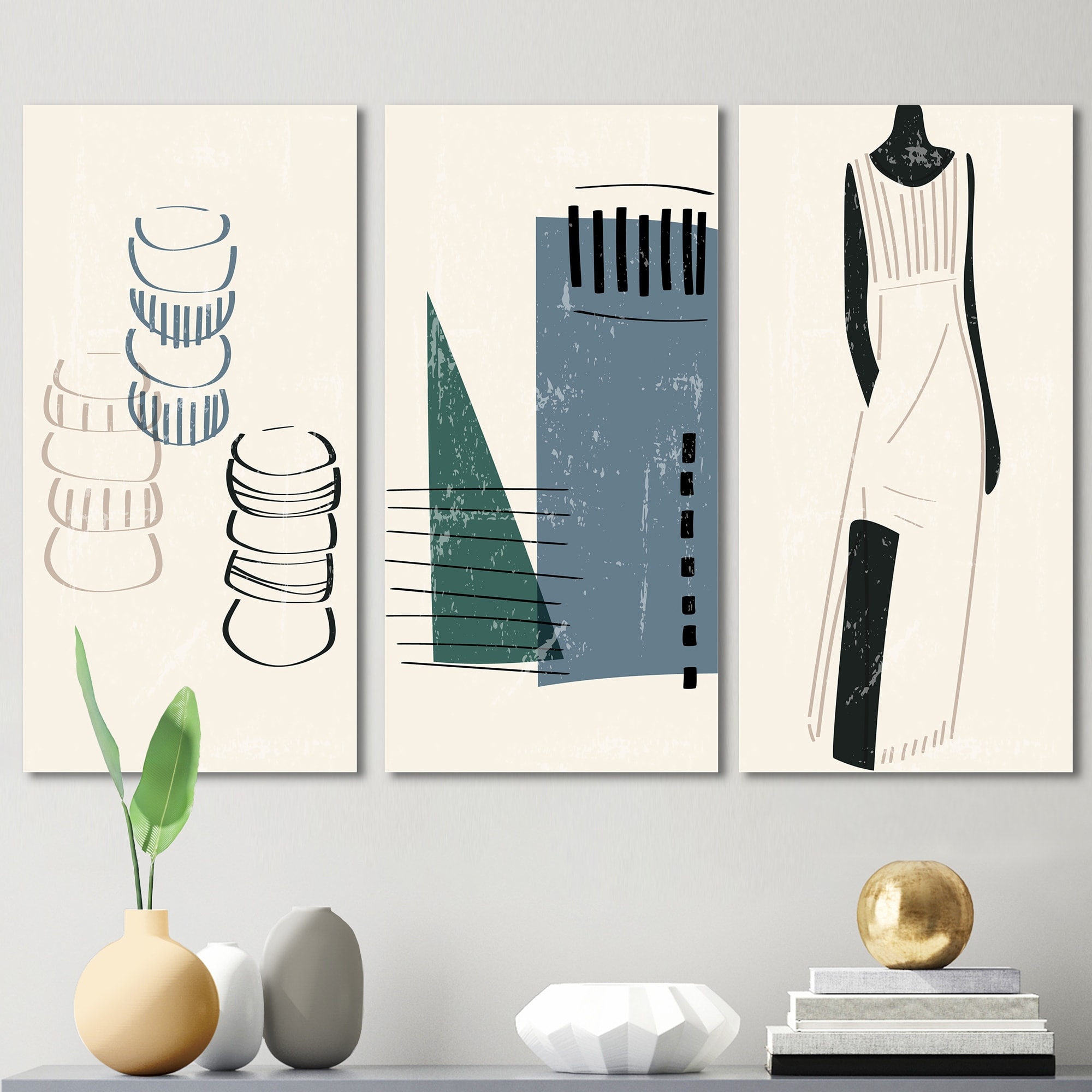 Designart Vintage Geometric Blue Shapes Abstract Wall Art Canvas-image