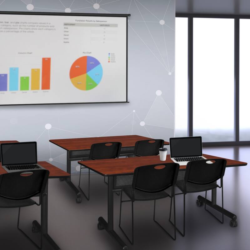 48" x 24" Flip Top Mobile Training Table with Modesty Panel- Cherry and 2 Stack Chairs- Black