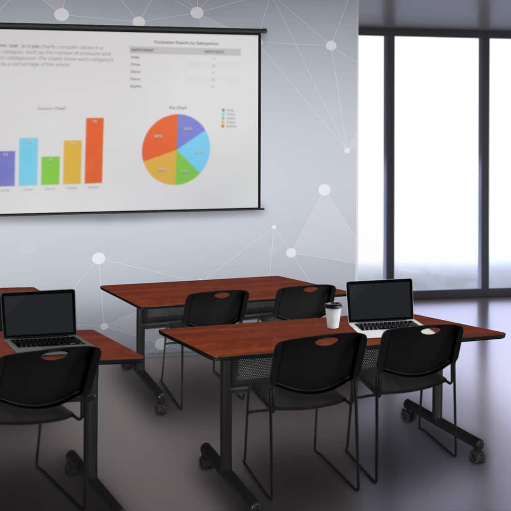 48" x 24" Flip Top Mobile Training Table with Modesty Panel- Cherry and 2 Stack Chairs- Black