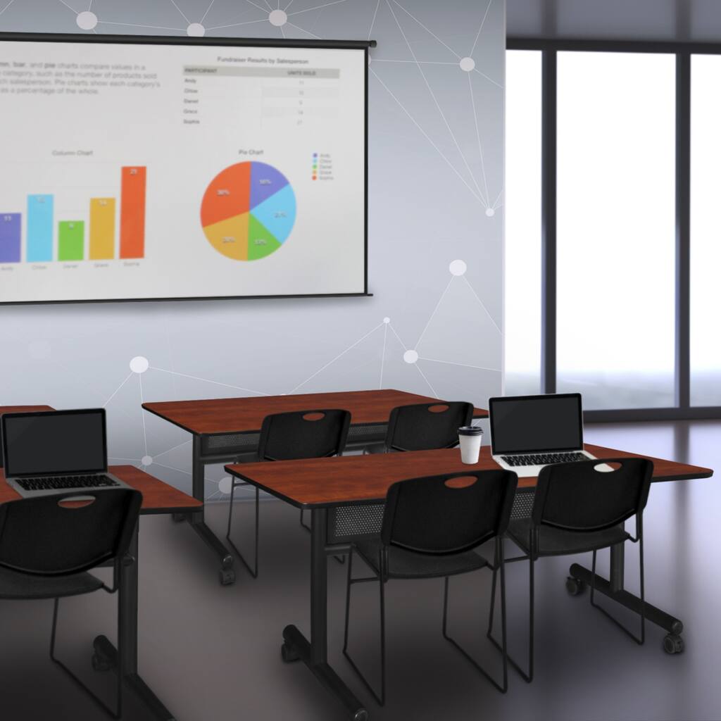 48" x 30" Flip Top Mobile Training Table with Modesty Panel- Cherry and 2 Stack Chairs- Black