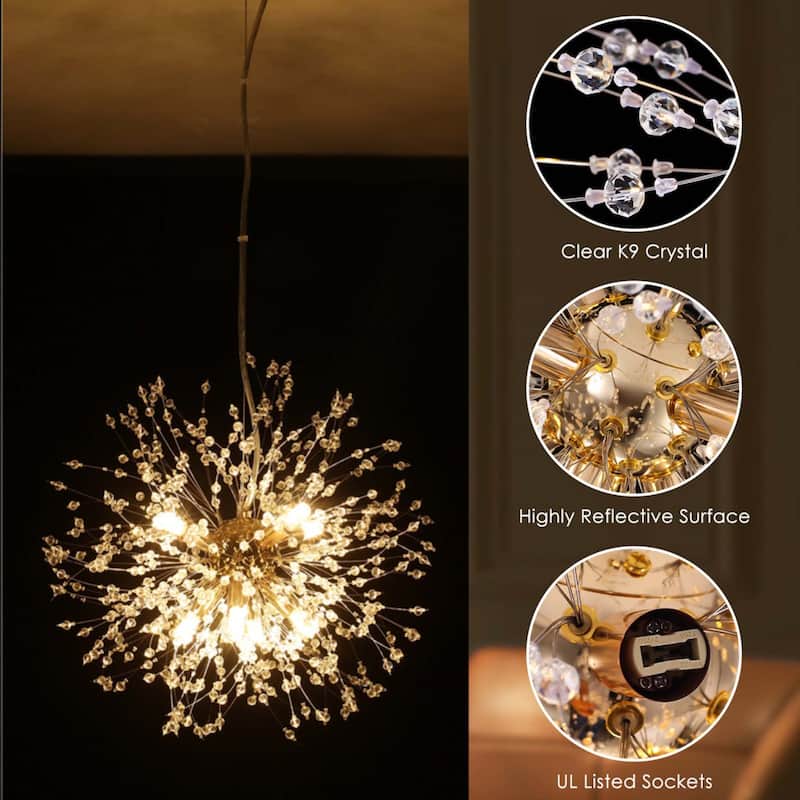 8/ 9-Light Modern Glam Sputnik Firework Pendant Sphere Starburst Chandelier with Crystal Beaded