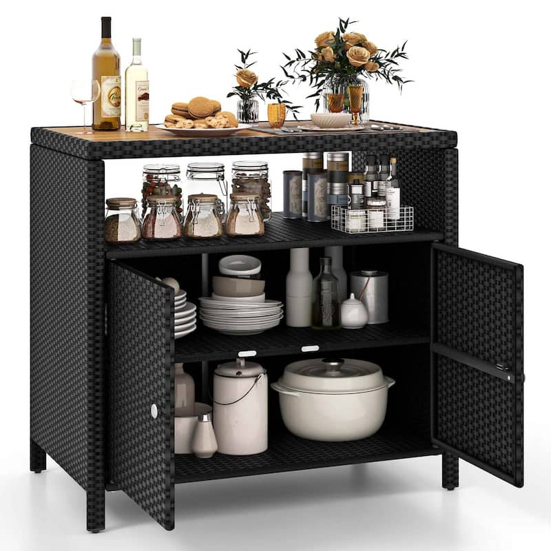 Costway Patio Rattan Storage Cabinet with Acacia Wood Countertop Open - See Details