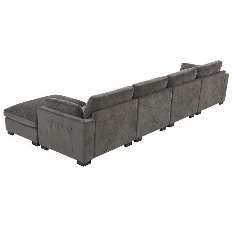130" Modular Chenille L-Shaped Sectional Sofa with Folding Table and Dual-Port Charging, Ottoman