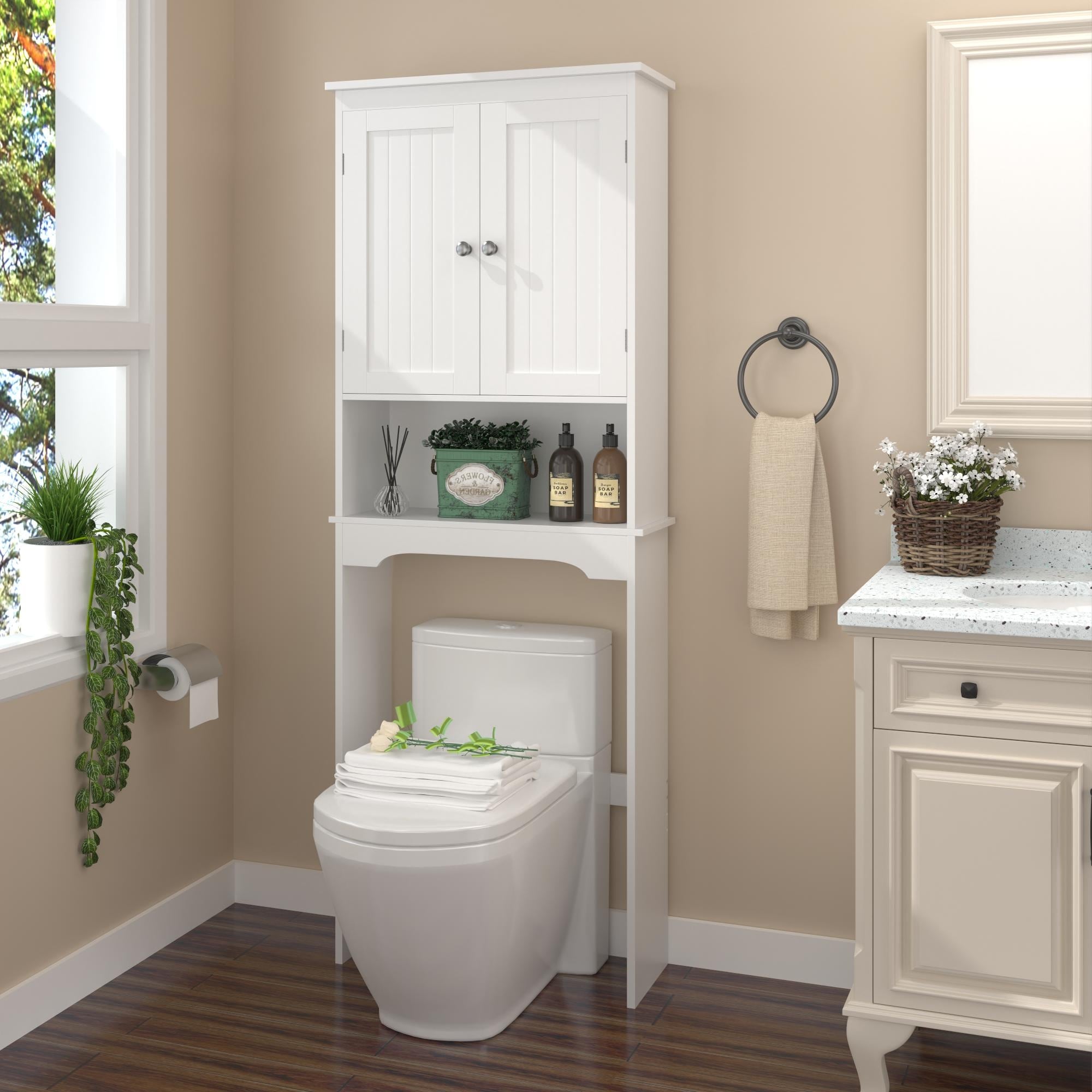 Sofucor Over The Toilet Storage Cabinet,Bathroom Shelf Over Toilet,Bathroom Storage Cabinet Organizer,White,Retro-Modern Design
