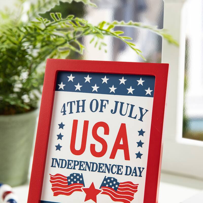 Glitzhome Set of 3 Patriotic Americana Wooden Block Table Sign