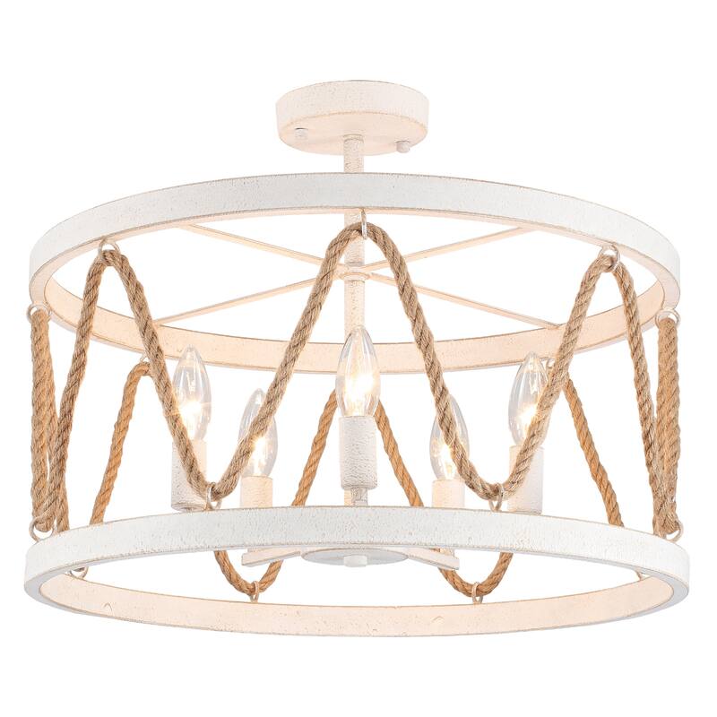 19.68 in. 5-Light Metal Hemp Rope Candlestick Semi-Flush Mount Light Ceiling Light for Kitchen Island