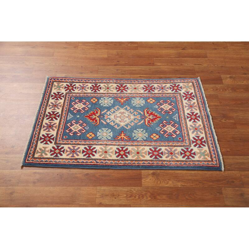 Blue Kazak Oriental Rug Traditional Hand-Knotted Wool Carpet - 2'0"x 3'0"