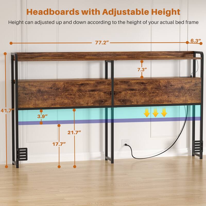 Headboard with Storage Drawers and LED Light, Head Board with Outlets, USB Ports