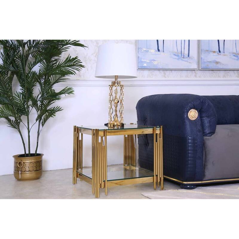 Woker Furniture 20" Wide Square End Table with Glass Top, Golden Stainless Steel Tempered Glass Coffee Table